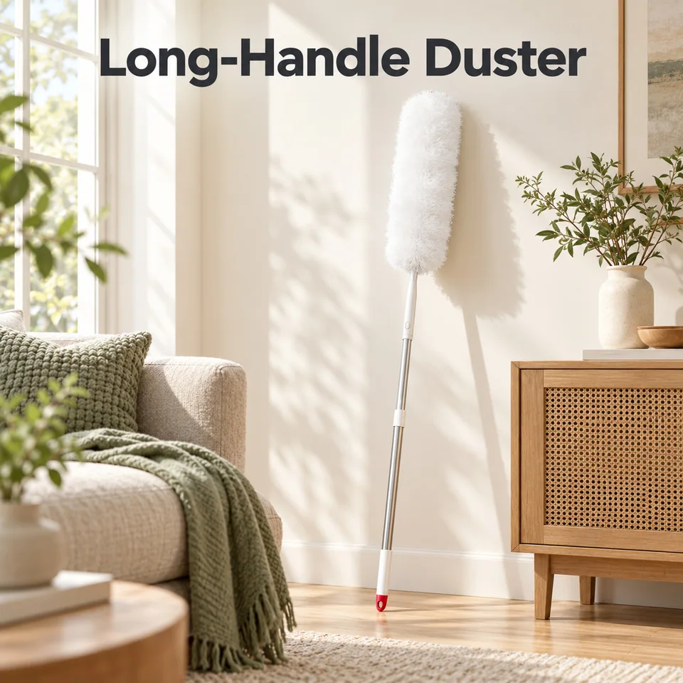 Household duster with gray fibers and red handle details