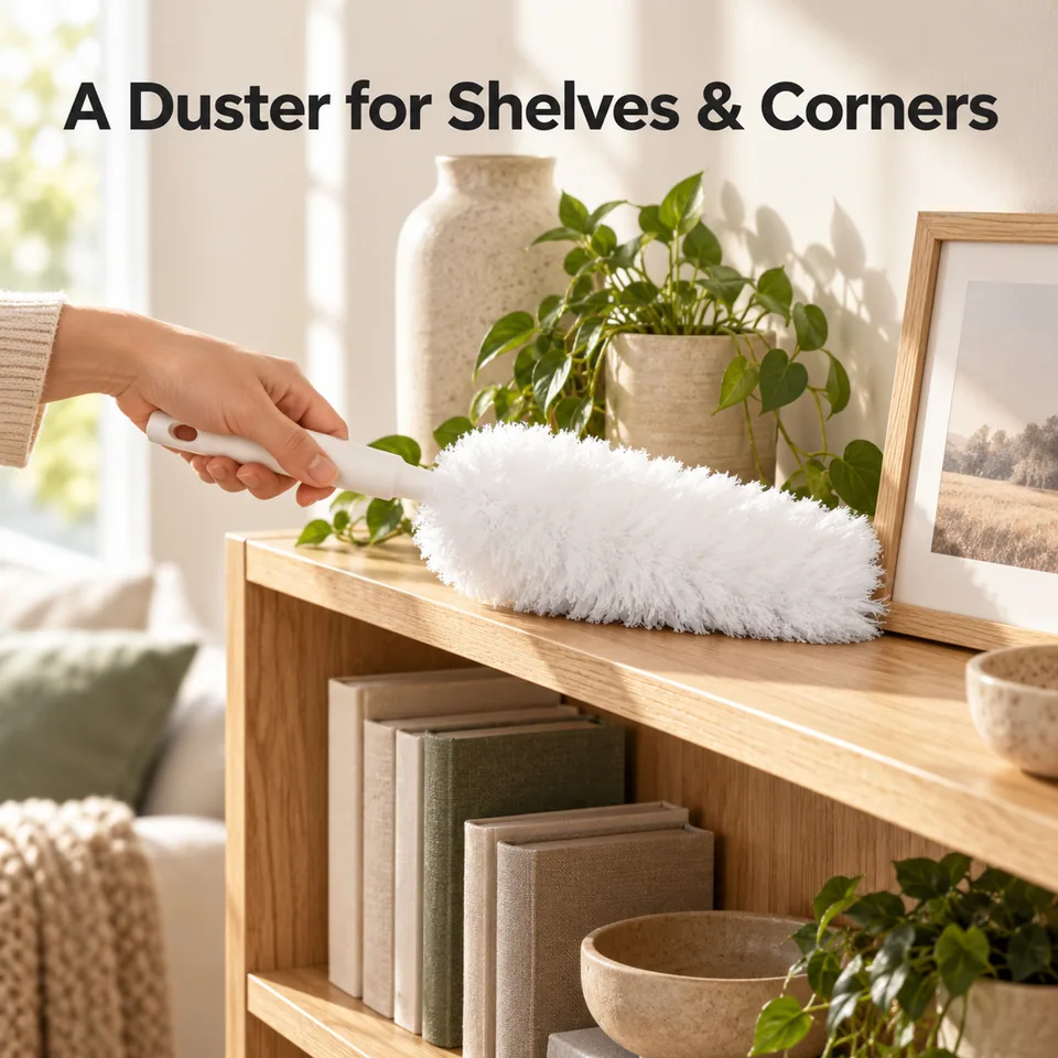 Short-handled duster shown along a bookshelf