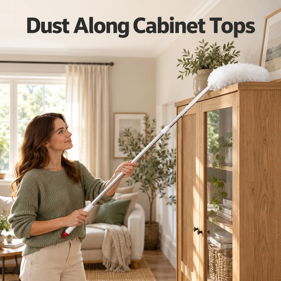 Duster shown cleaning the top of a cabinet