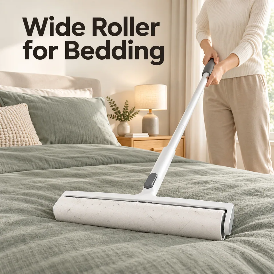 Long-handle roller shown across bedding