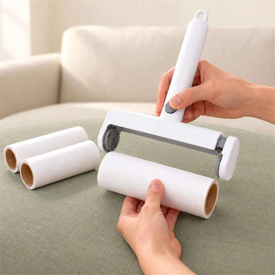 Hands replacing the paper roll using the handle button