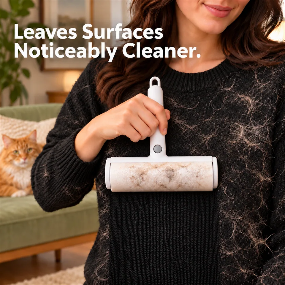 Using the wide lint roller on a black sweater