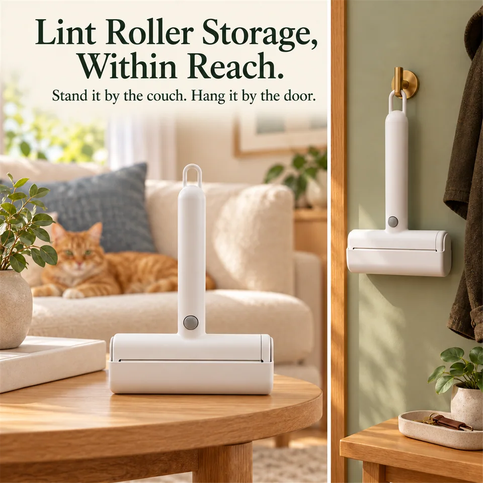 The lint roller standing in its cover and hanging for storage