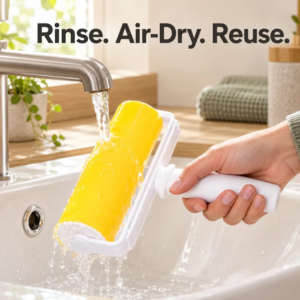 The washable roller being rinsed with water